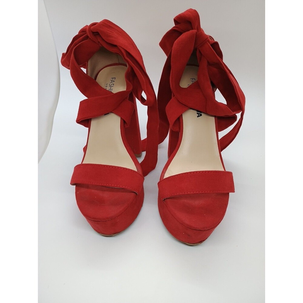 Fashion Nova Platform Sandals Womens Sz 6 Red 5" Block Heels Faux Suede Ties - Picture 2 of 8